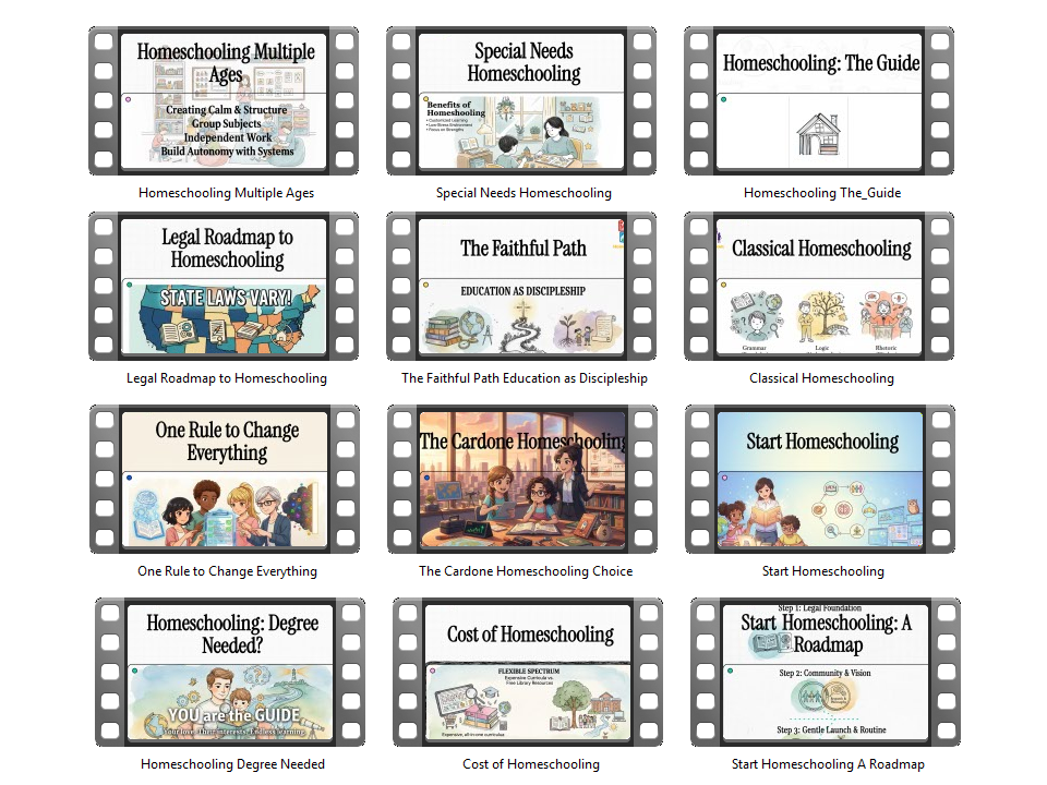 Comprehensive homeschooling course modules including multiple ages, special needs, legal roadmap, classical homeschooling, and more